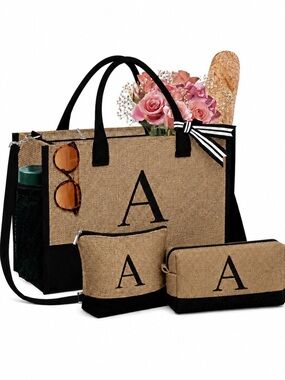Monogrammed Letter A Tote Bag & 2 Costmetic Bags Vegan Made From 100% Jute NWT